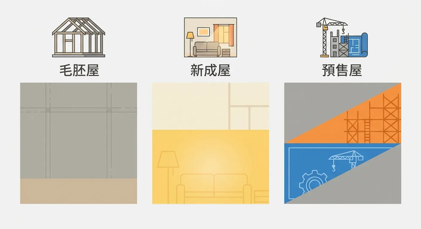 毛胚屋 vs 新成屋 vs 預售屋三欄對照圖，三個並排的直式區塊，每欄上方一個代表狀態的圖示：空屋結構圖示、已裝潢住家圖示、施工中建築圖示，欄內以簡單色塊示意差異、不填任何文字
