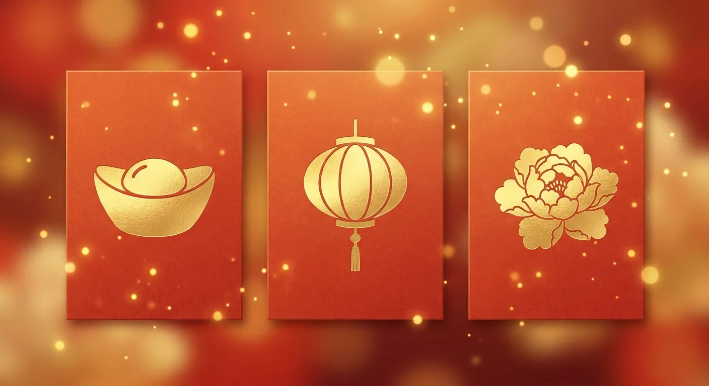 入厝吉祥話賀卡氛圍圖，三張暖色系賀卡並排、卡面只有簡單的圖示裝飾（元寶、燈籠、盛開的花），卡上不填任何文字