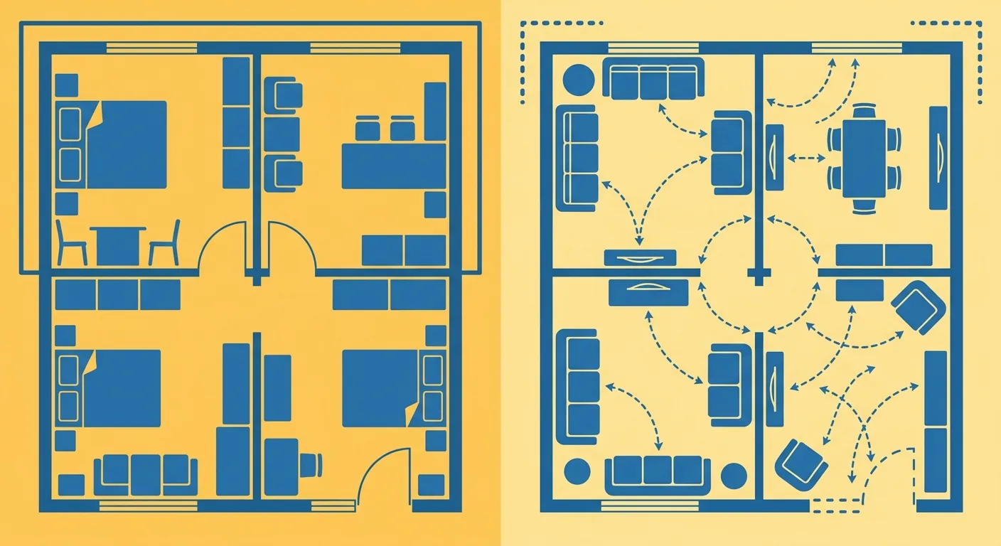 只能擺 IKEA 家具 vs 不綁品牌的對照示意，左側一張平面圖上只有樣式一致的模組家具剪影並被一個封閉框線圈住（代表型錄綁定）、右側一張平面圖上放著多種不同樣式的家具剪影且有走道間距量測弧線、框線開放（代表不綁品牌任何家具皆可）