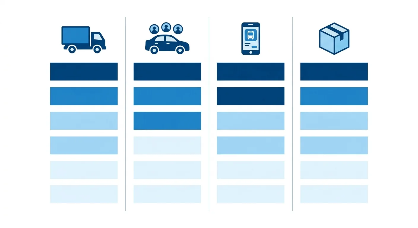 搬運工具比較表格示意插圖，四欄並排、每欄頂端一個工具圖示：機動小貨車、共乘車、手機 App、宅配紙箱，欄內以色塊格子示意適用程度高低、不填任何文字