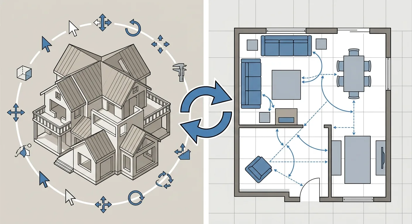 SketchUp 專業建模 vs 擺擺看快速擺尺寸的分工示意，左側為一個複雜的房屋立體量體被工具環繞（代表專業建模、投入較多）、右側為一張俯視平面圖上幾件家具已就定位並有間距量測弧線（代表 1:1 擺對），中間以一條雙向流程箭頭連接表示可先